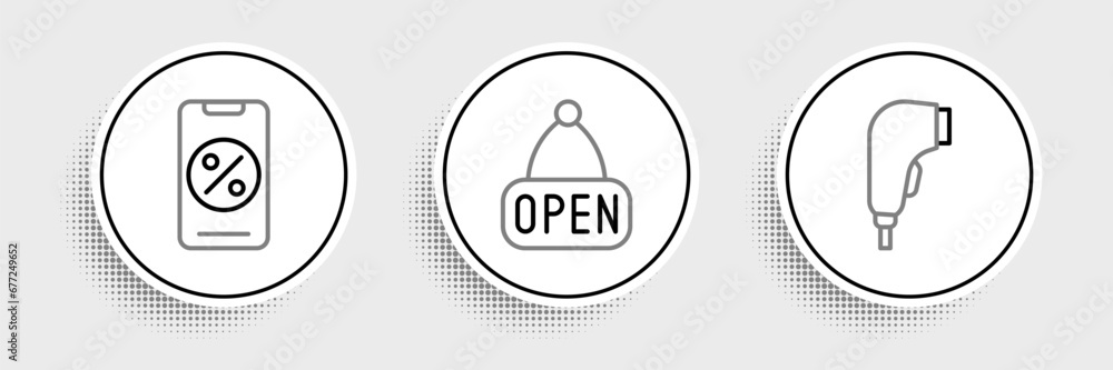 Poster set line scanner scanning bar code, percent discount and mobile and hanging sign with open icon. vec