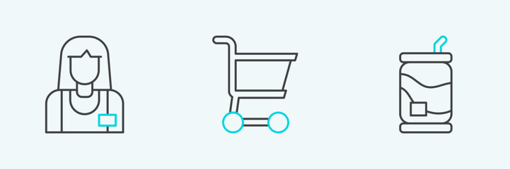 Set line Soda can, Seller and Shopping cart icon. Vector