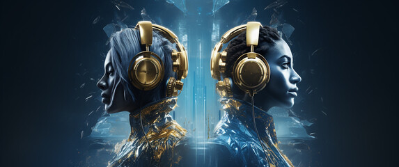 Two people in profile with golden headphones on a blue background with a cosmic galalraphic effect, in the style of toonami, frostpunk, banner for DJ music - obrazy, fototapety, plakaty