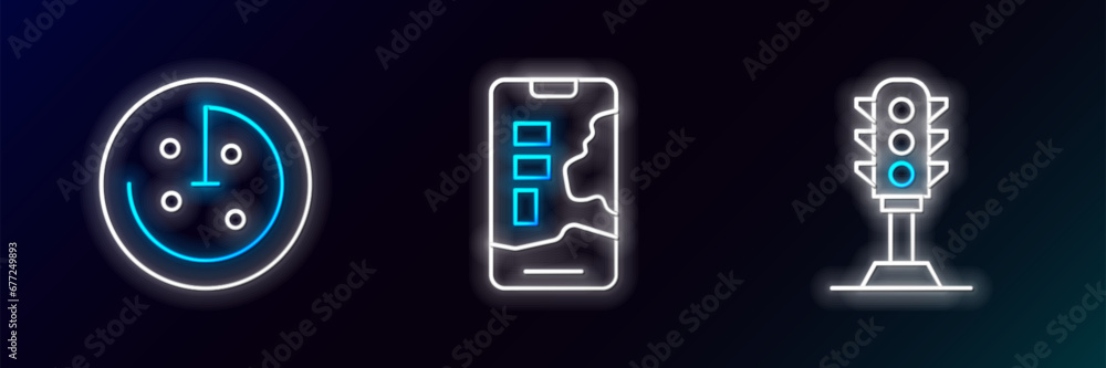 Poster set line traffic light, radar with targets on monitor and city map navigation icon. glowing neon. ve
