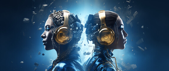 Two people in profile with golden headphones on a blue background with a cosmic galalraphic effect, in the style of toonami, frostpunk, banner for DJ music - obrazy, fototapety, plakaty