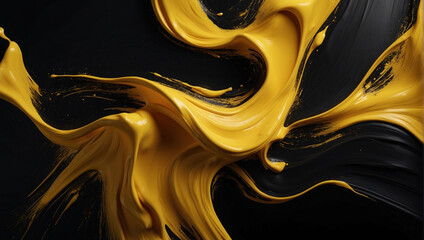 swirly abstract yellow paint splashes and swirls on black background - obrazy, fototapety, plakaty