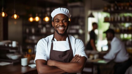 Smiling black chef in his restaurant black owned business concept - obrazy, fototapety, plakaty