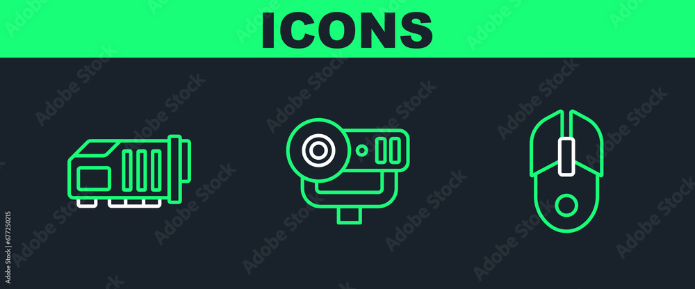 Poster Set line Computer mouse, Video graphic card and Web camera icon. Vector