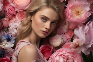 Close-up of beautiful young Caucasian woman in the midst of colorful pastel lush flowers. Blonde blue-eyed girl in stylish summer dress posing against the pink background. Glamor, beauty and fashion.