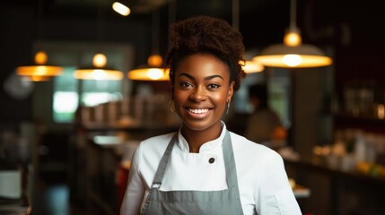 Smiling black female chef in her restaurant women and black owned business concept