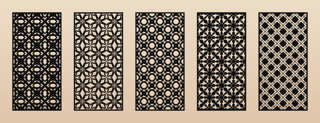 Laser cut, CNC cutting patterns. Vector set with abstract geometric ornament, lines, floral grid, lattice. Arabesque style, ethnic motif. Cutting stencil for wood panel, metal, paper. Aspect ratio 1:2