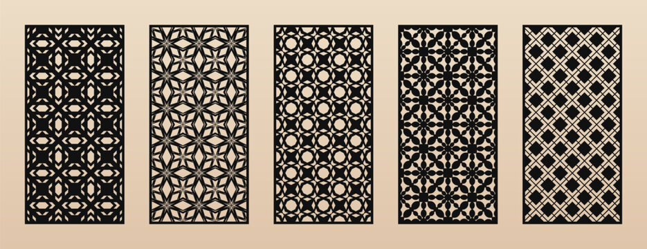 Laser cut, CNC cutting patterns. Vector set with abstract geometric ornament, lines, floral grid, lattice. Arabesque style, ethnic motif. Cutting stencil for wood panel, metal, paper. Aspect ratio 1:2