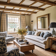 Country cottage lounge decor, sitting room and Cotswolds style interior design, living room furniture, sofa and home decor in elegant English country house style, generative ai