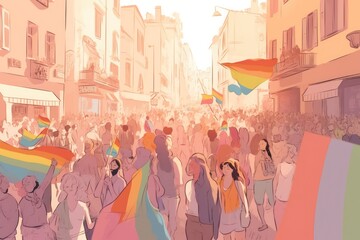 Vibrant Illustration Celebrating Love, Diversity, and Inclusivity in the City Parade