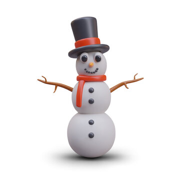 Snowman Christmas character on white background. Concept of decorations on Xmas and winter holidays. Vector illustration in 3d style with white background