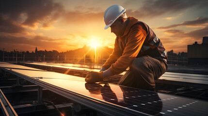 An electrical technician is installing solar panels on the roof as part of the concept for generating alternative renewable green energy,