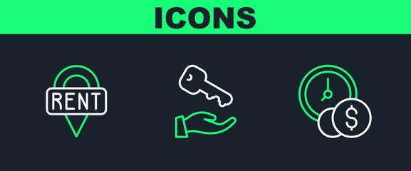 Set line Time is money, Location key and House icon. Vector