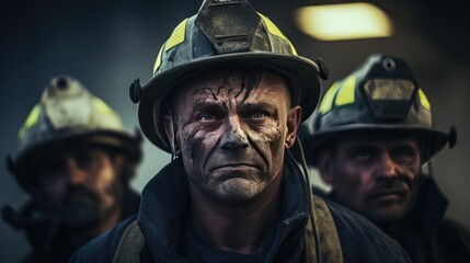 portrait of a fireman tired, dirty, sweaty, exhausted after a fire