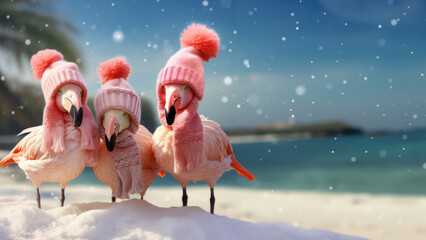 Three flamingos with wool hats and scarfs on a snowy beach. - obrazy, fototapety, plakaty