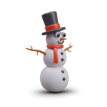 3D snowman in clothes. Vector winter character. Christmas time. Smiling snowman in cartoon style. Isolated image on empty background, with shadows and reflections