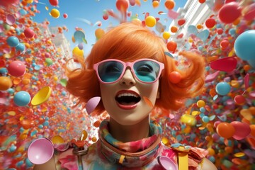 Artistic glamorous portrait of young red-haired Caucasian girl in stylish sunglasses surrounded by splashes of multi-colored paints. Happy laughing girl against colorful background under blue sky.