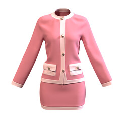 Pink suit skirt and jacket with buttons and pockets isolated on white background. Beauty and fashion concept. 3d rendering   