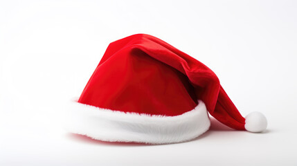 Red Santa Claus hat with a white fur trim and pompom, typically associated with Christmas festivities, against a white background.