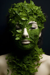 Beautiful young woman made from green leaves. Conceptual eco friendly portrait.