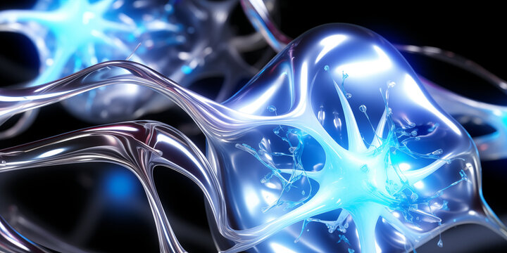 AI Illustration of neurons close-up, nerve node, neural network, brain, microscopic view of neuron cells with their axons, dendrites, synapses, neuronal network of brain cells, transmitting signals 