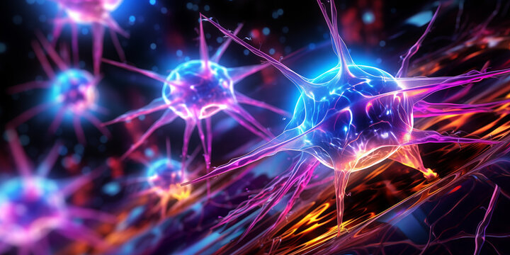 AI Illustration of neurons close-up, nerve node, neural network, brain, microscopic view of neuron cells with their axons, dendrites, synapses, neuronal network of brain cells, transmitting signals 