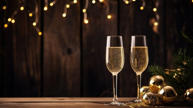 Two glasses of champagne on a wooden background with branches of a Christmas tree