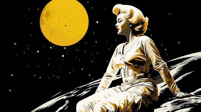 Pin-up astronaute sur la lune dans un d&eacute;cor spatial, science-fiction r&eacute;tro