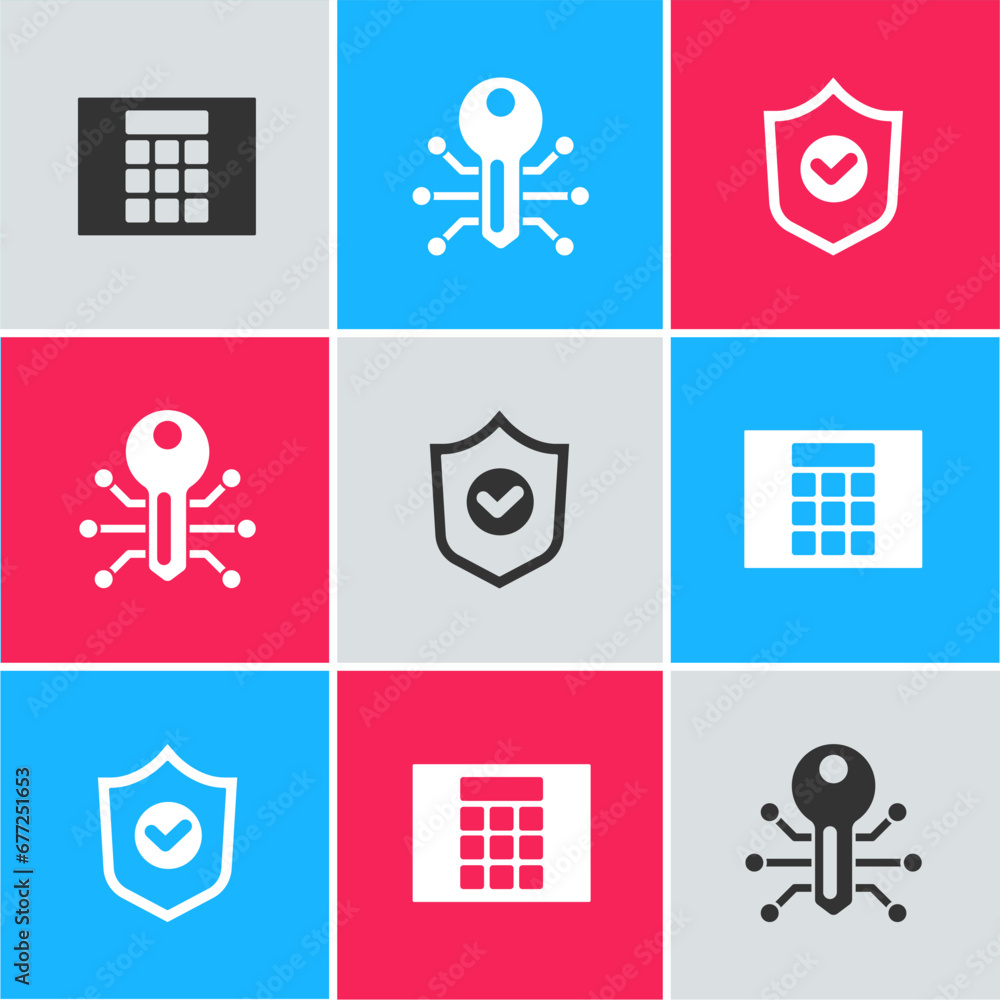 Poster set password protection, smart key and shield with check mark icon. vector