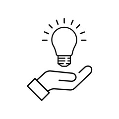 thin line hand holding lightbulb like expertise. linear trend modern simple lineart knowledge logotype stroke art design element isolated on white. concept of startup symbol or think outside the box