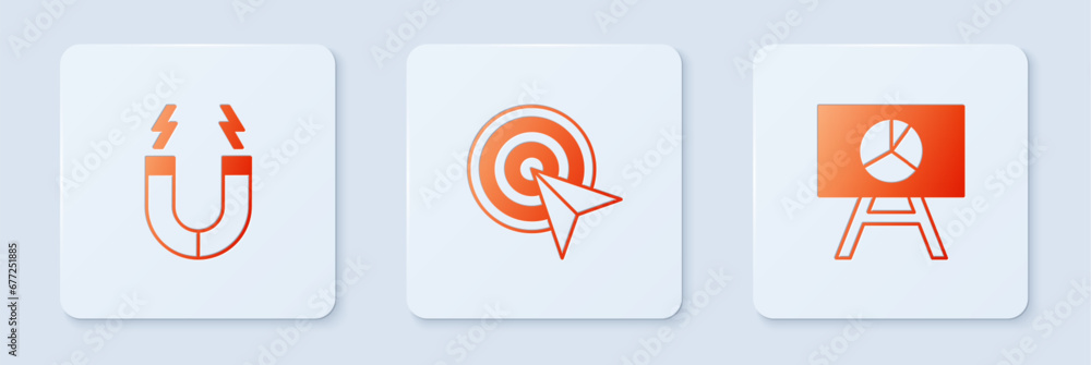 Poster set target, magnet and board with graph chart. white square button. vector