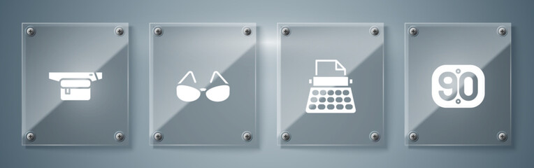 Set 90s Retro, typewriter, Glasses and Waist bag of banana. Square glass panels. Vector