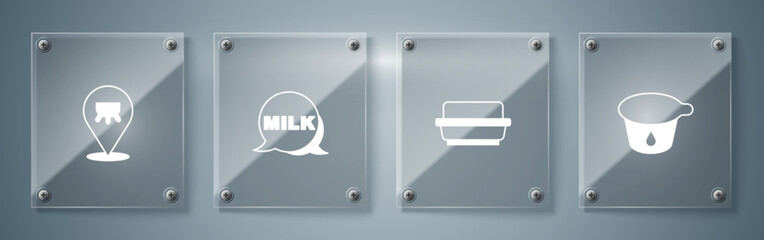 Set Yogurt container, Butter butter dish, Lettering milk and Udder. Square glass panels. Vector