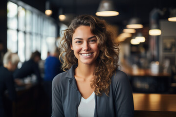 smiling business woman, with blur office background, empty copy space - obrazy, fototapety, plakaty