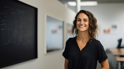 smiling business woman, with blur office background, empty copy space