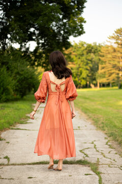 Back image of a beautiful brunette girl in dress posing in the park, tree background.

