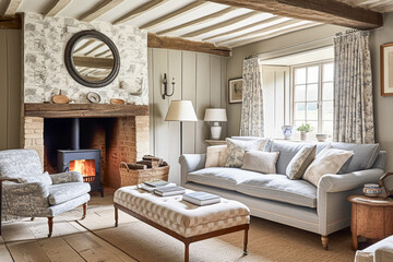 Cottage interior with modern design and antique furniture, home decor, sitting room and living room, sofa and fireplace in English country house and countryside style