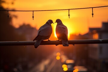 Two pigeons on a wire, silhouette in the sunset, love birds, in the style of humor meets heart, backlight - obrazy, fototapety, plakaty