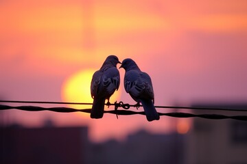 Two pigeons on a wire, silhouette in the sunset, love birds, in the style of humor meets heart, backlight - obrazy, fototapety, plakaty