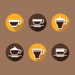 Flat Coffee Icons & Tea Icon Set with Side Shadow. set of coffee icons, coffee drink icon vector illustration design.
