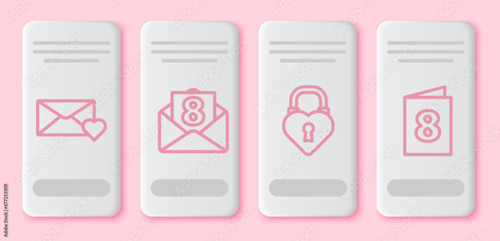 Poster set line envelope with 8 march, envelope with 8 march, castle in the shape of a heart and greeting c