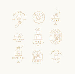 Bakery dessert labels with lettering in art deco style drawing with white on beige background