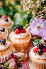 Cupcakes, cakes, scones and muffins and holiday decoration outdoors at the English country style garden, sweet desserts for wedding, birthday or party celebration, generative ai