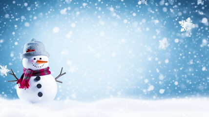 Naklejka na ściany i meble Funny snowman on Christmas holiday winter background, Merry Christmas and Happy Holidays wishes, generative ai