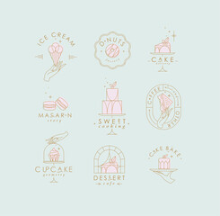 Fototapeta na wymiar Bakery dessert labels with lettering in art deco style drawing with pink on turquoise background