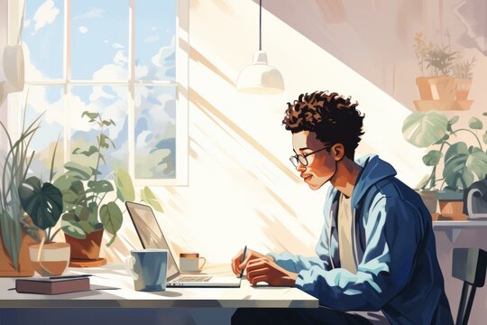 Drawing of African American teenager sitting at desk with laptop in cozy room. Smart black kid doing his homework, having online lesson, participating in web meeting with tutor. Home schooling concept