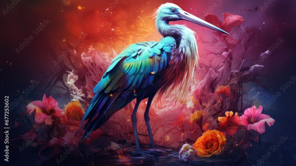 Poster a painting of a bird with a long beak standing in a field of flowers with a red sky in the backgroun