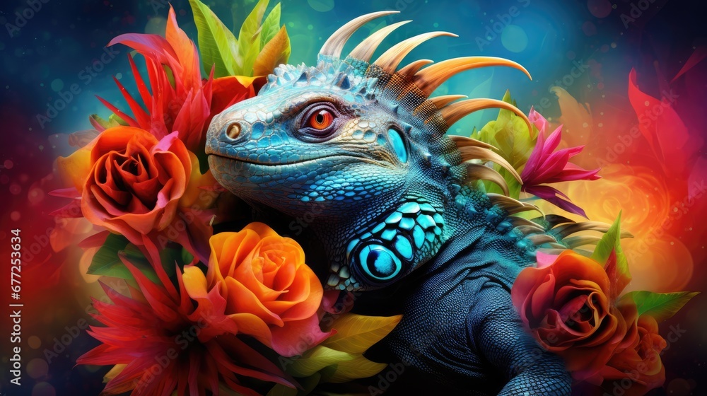 Poster a close up of a lizard with flowers in front of a blue background with a red rose in the foreground.