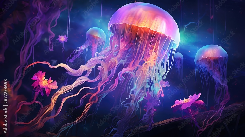 Canvas Prints  a group of jellyfish floating in the ocean at night with colorful lights and water lilies in the foreground.  generative ai