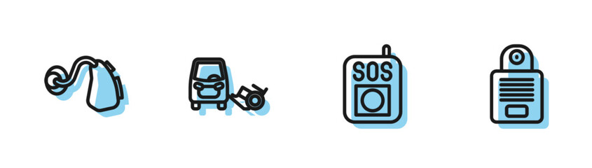 Set line Press the SOS button, Hearing aid, Disabled car and Intercom icon. Vector - obrazy, fototapety, plakaty